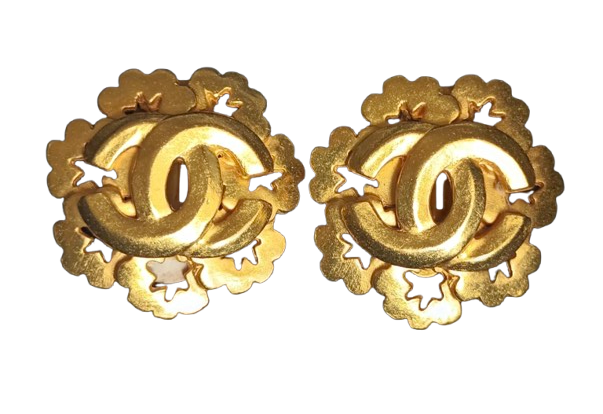 Chanel Gold Plated CC Flower Earrings