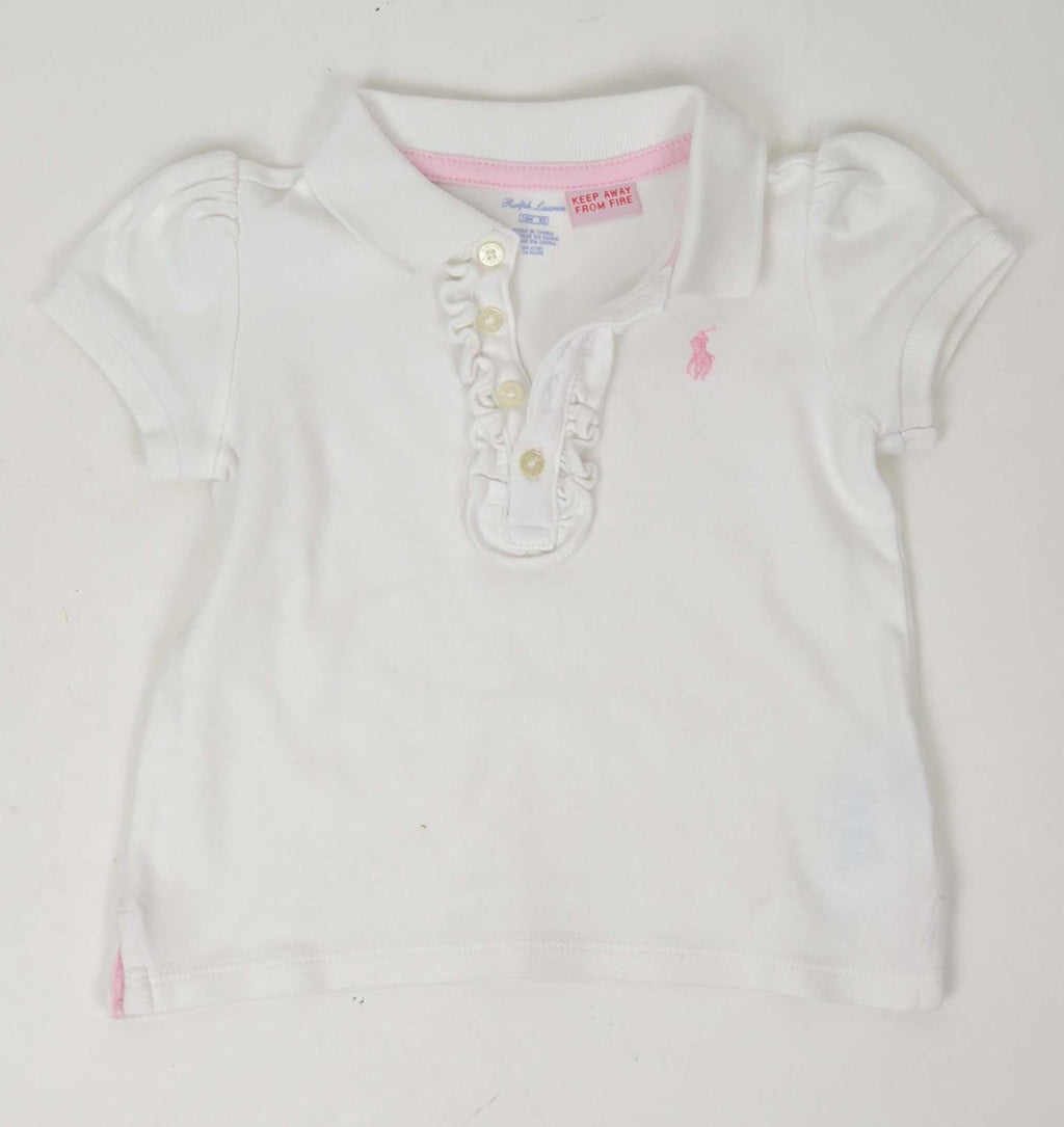 White cotton jersey ruffle trimmed polo shirt