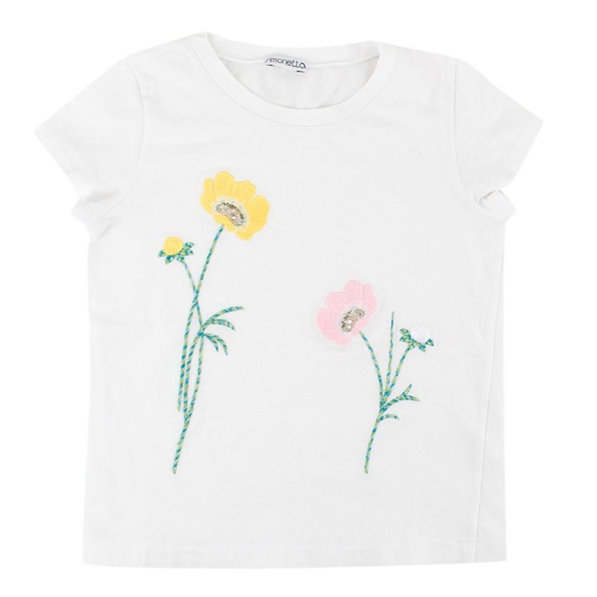 Simonetta Kids Girls Embroidered Sequin Floral T-Shirt