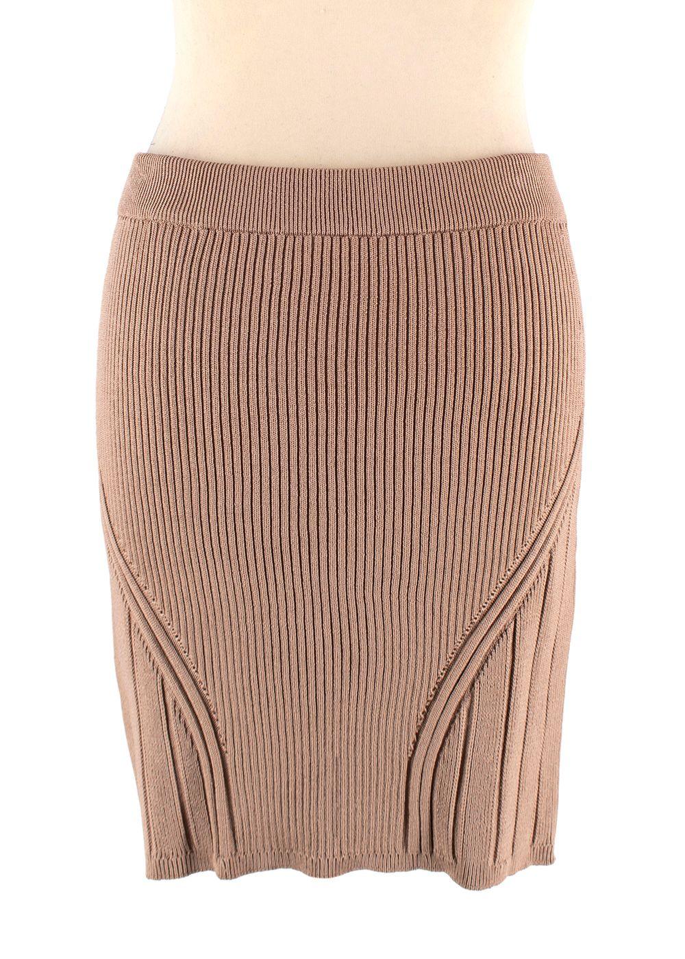Balmain Camel Ribbed Knit Mini Skirt with Gold Button Detail