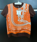 Hermes Orange and Brown Silk Blend Short Sleeve Twillaine Top