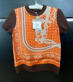 Hermes Orange and Brown Silk Blend Short Sleeve Twillaine Top