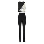 David Koma Silver Sequin Panelled Black Crepe Pants & Top