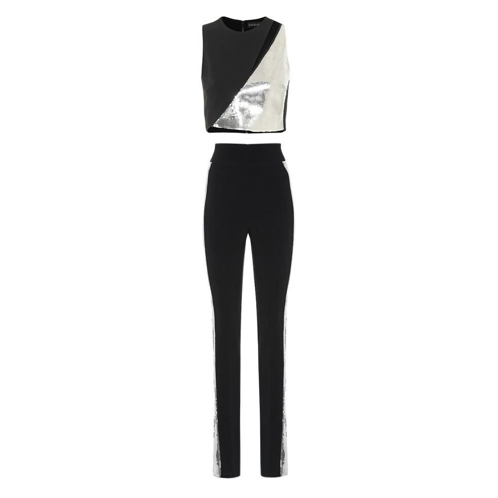 David Koma Silver Sequin Panelled Black Crepe Pants & Top