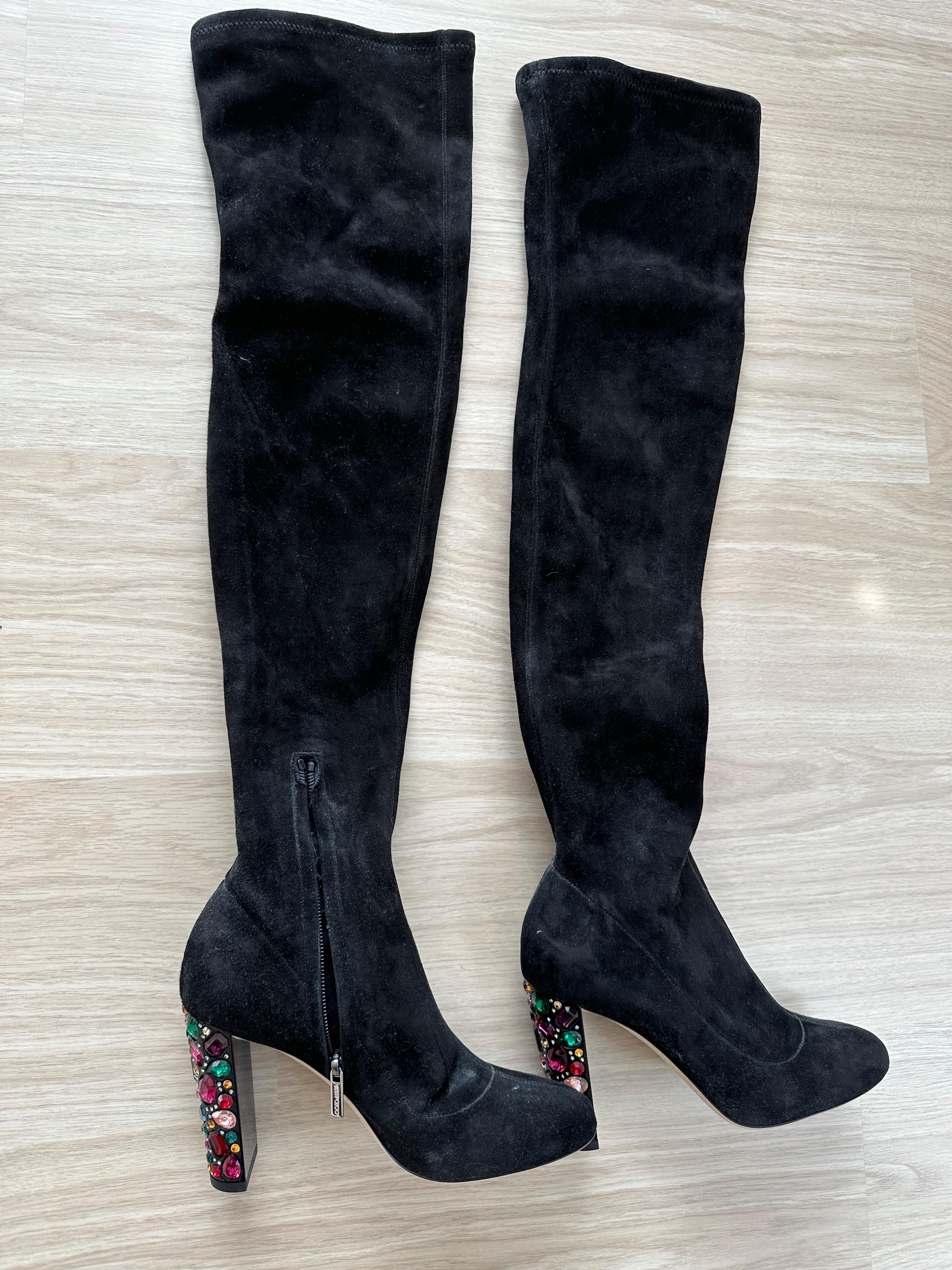 Jimmy Choo Black Suede Over the Knee Boots with Crystal Heel Detail