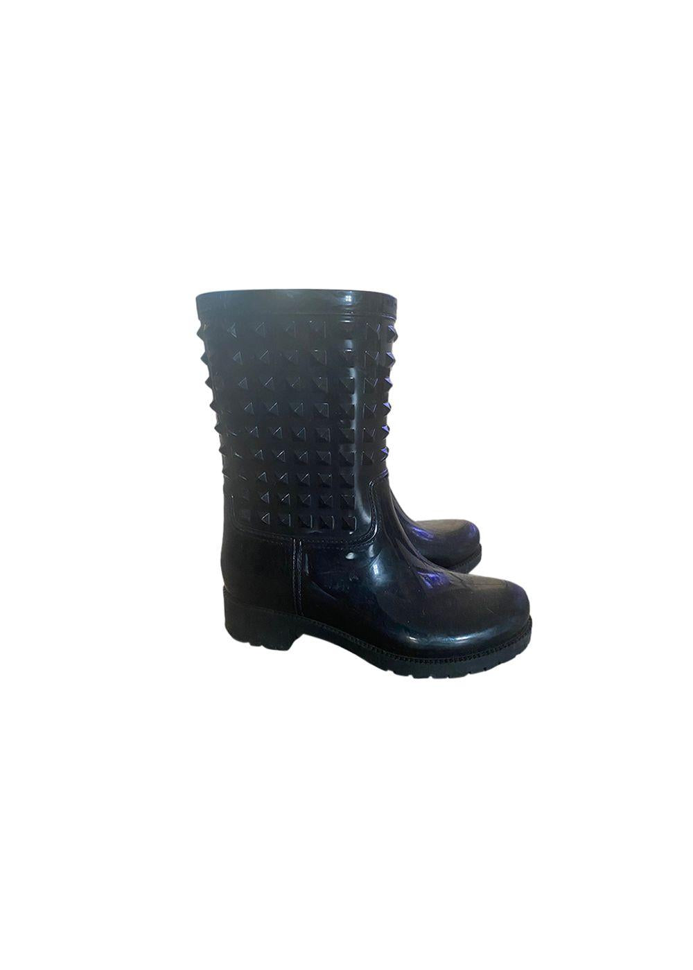 black rubber Rockstud long rain boots