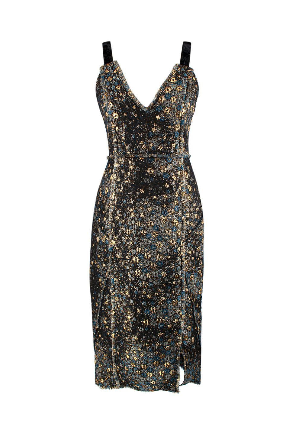 Erdem Teal and Gold Star Patterned Jacquard Dress