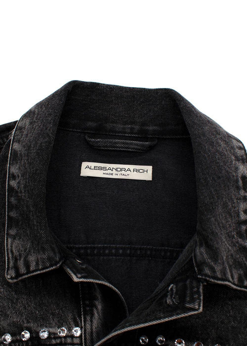 Alessandra Rich Washed Black Embellished Gem Denim Jacket