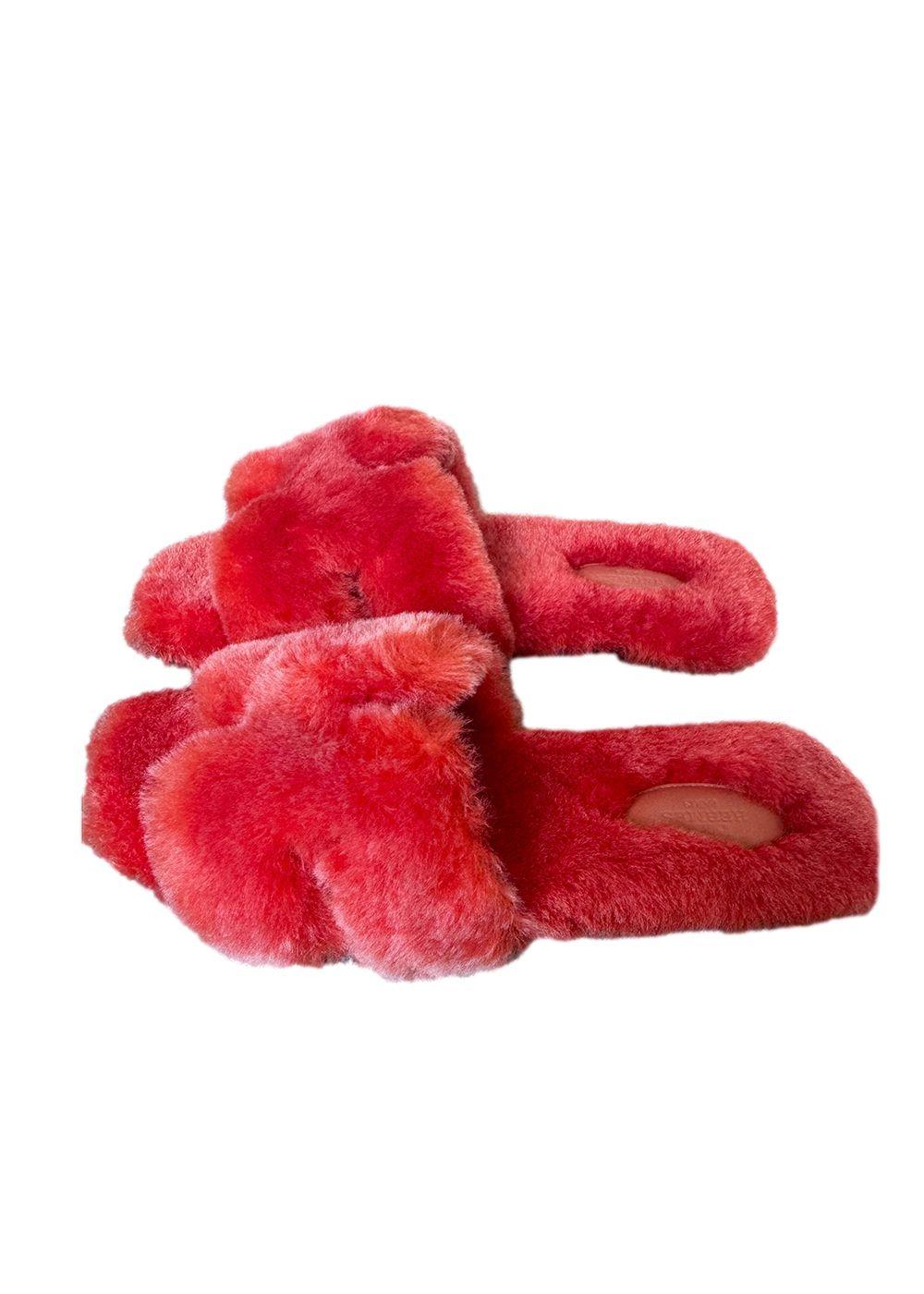 Hermes Pink Shearling Oran Sandals
