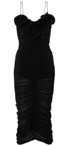 Black Ruffled Ruched Midi Dress