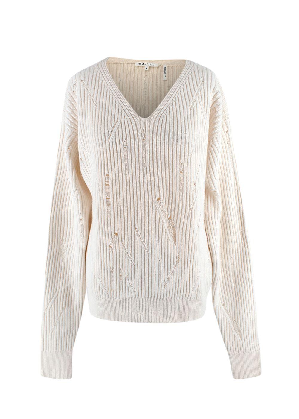 Helmut Lang Ivory Distressed V-Neck Wool Sweater