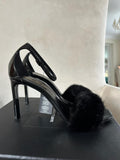 Saint Laurent Black Patent Leather Bea Heeled Sandals with Fur Detail