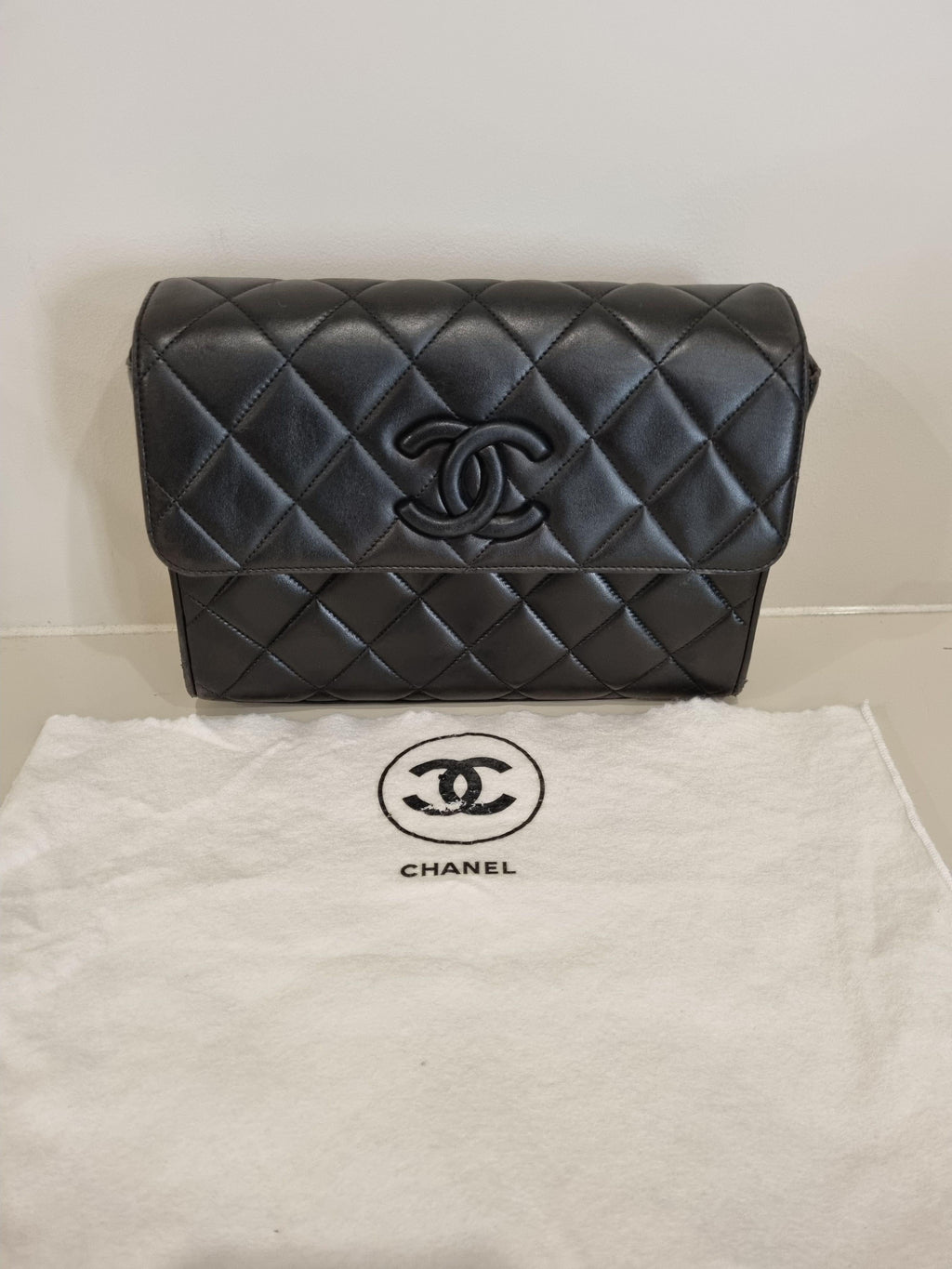 Vintage black leather quilted CC flap bag