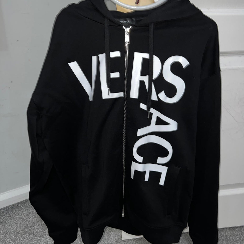 Logo Printed Zip Up Black Cotton Hoodie