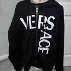 Logo Printed Zip Up Black Cotton Hoodie