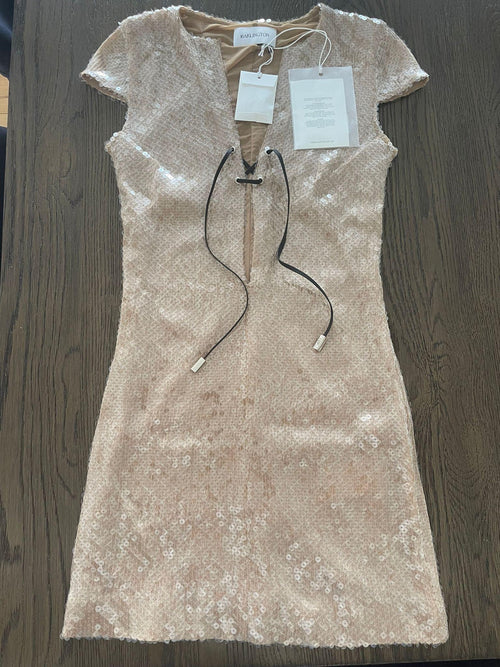 16Arlington Beige Sequin Embellished Mini Dress