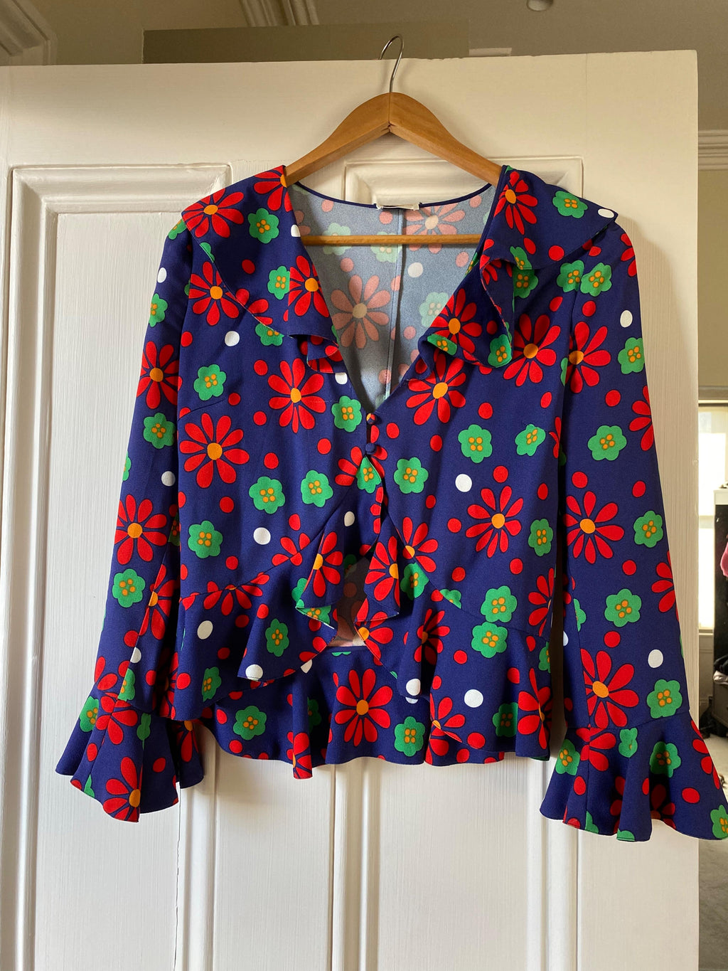 blue, red & green floral crepe blouse