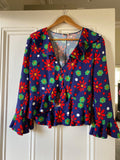 blue, red & green floral crepe blouse