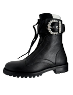 Crystal Embellished Buckle Black Leather Combat Boots