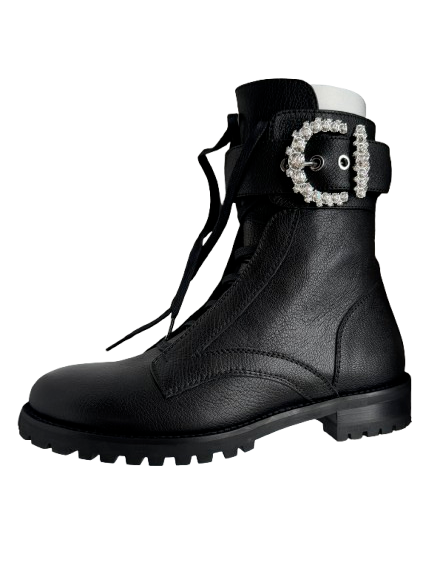 Crystal Embellished Buckle Black Leather Combat Boots