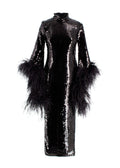 Taller Marmo Black Sequin Gown with Feather Trim