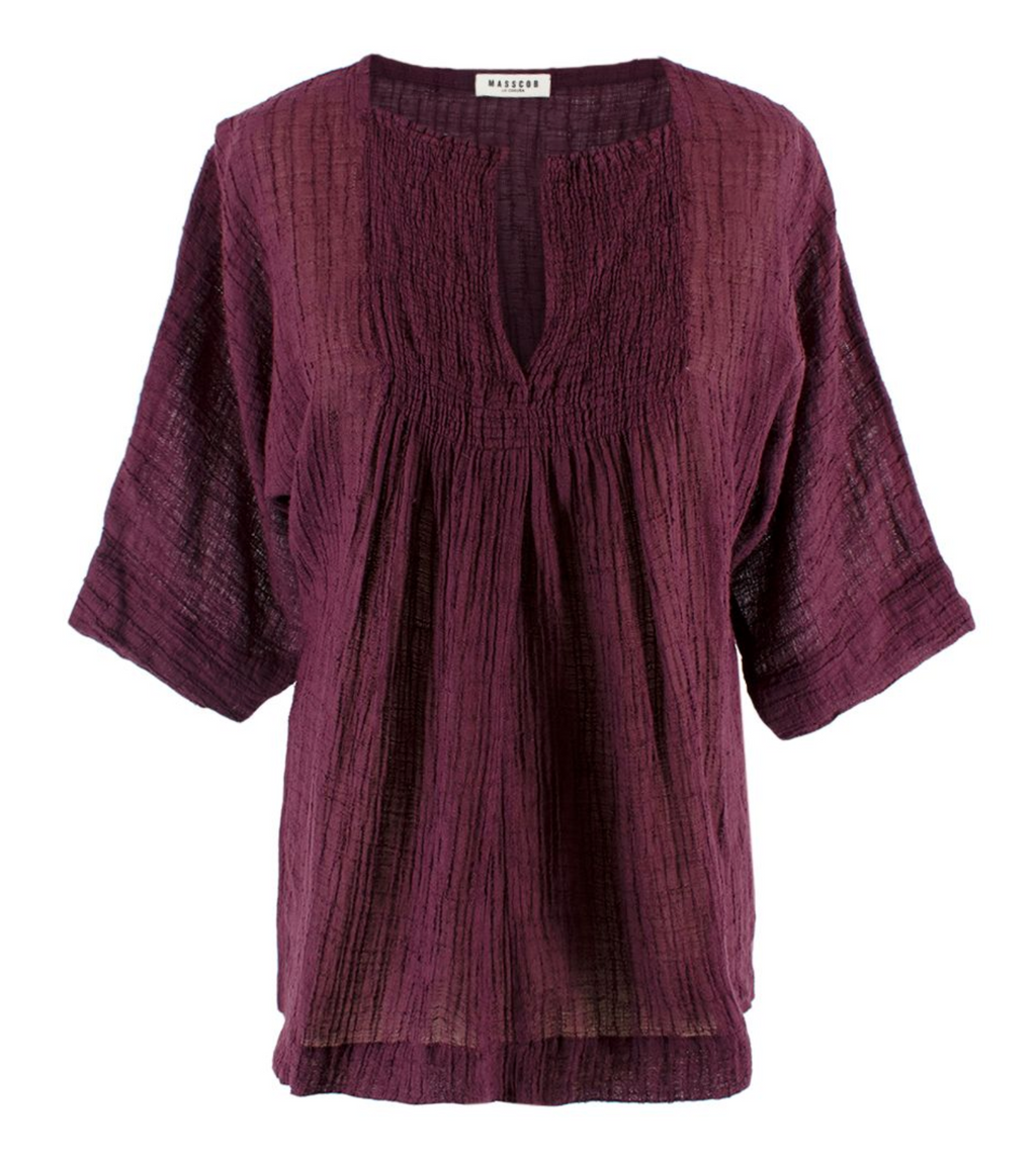 Masscob Burgundy Short Sleeve Sheer Blouse