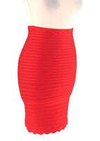 Red Stretch Knit Bandage Skirt with Scalloped Hem