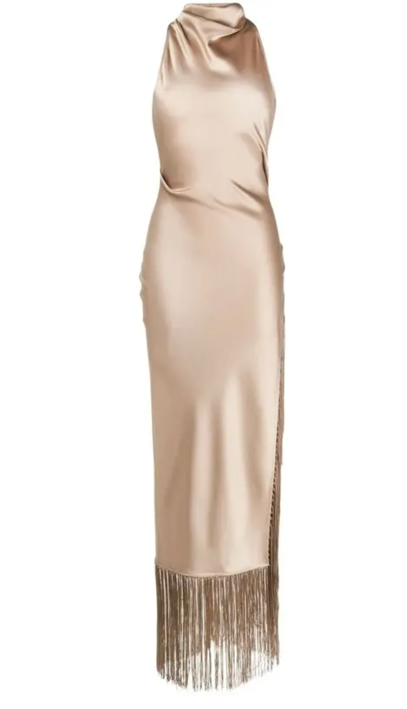 Nanushka Champagne Satin Midi Dress with Fringing
