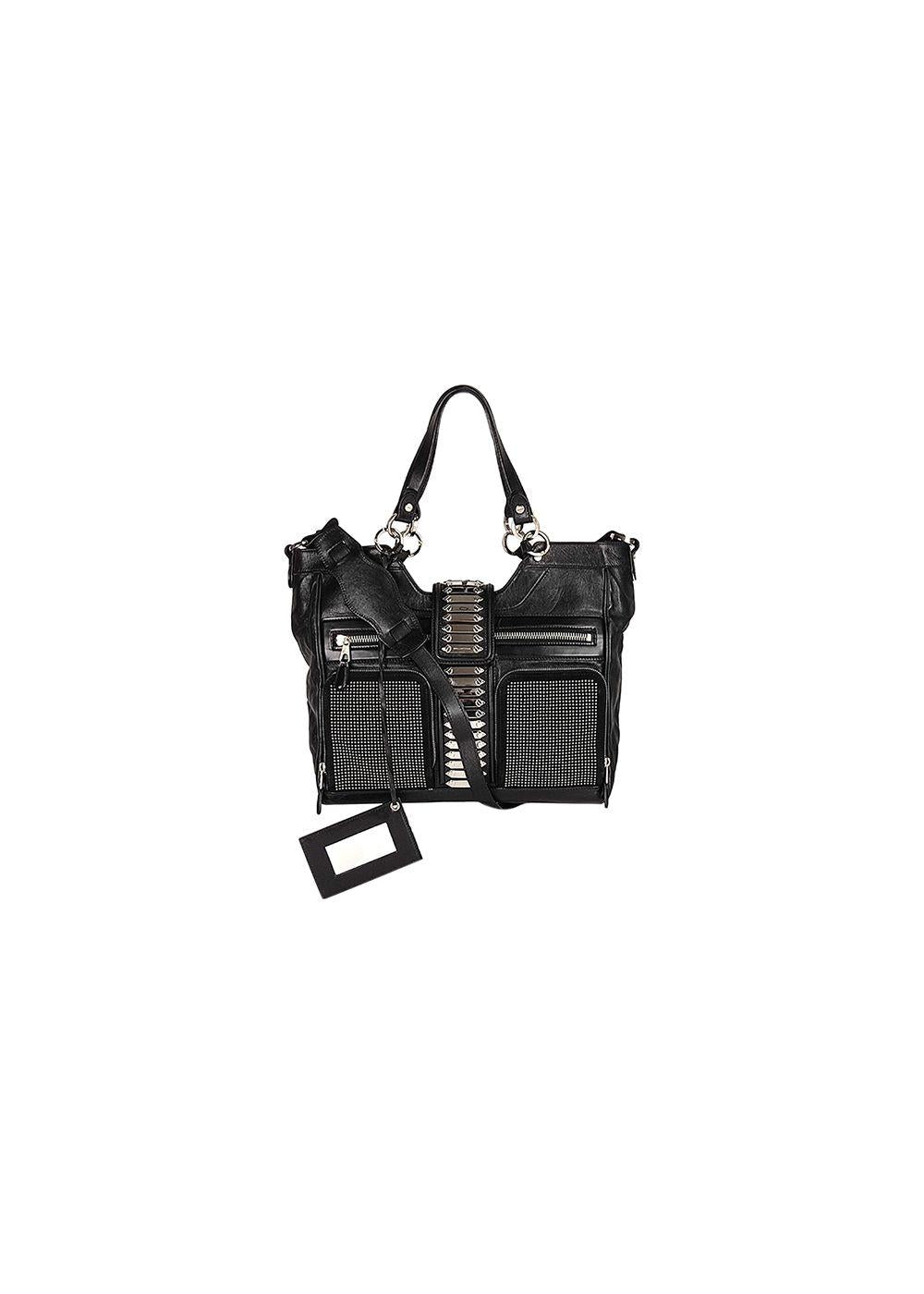 Black leather silver-tone studded tote bag