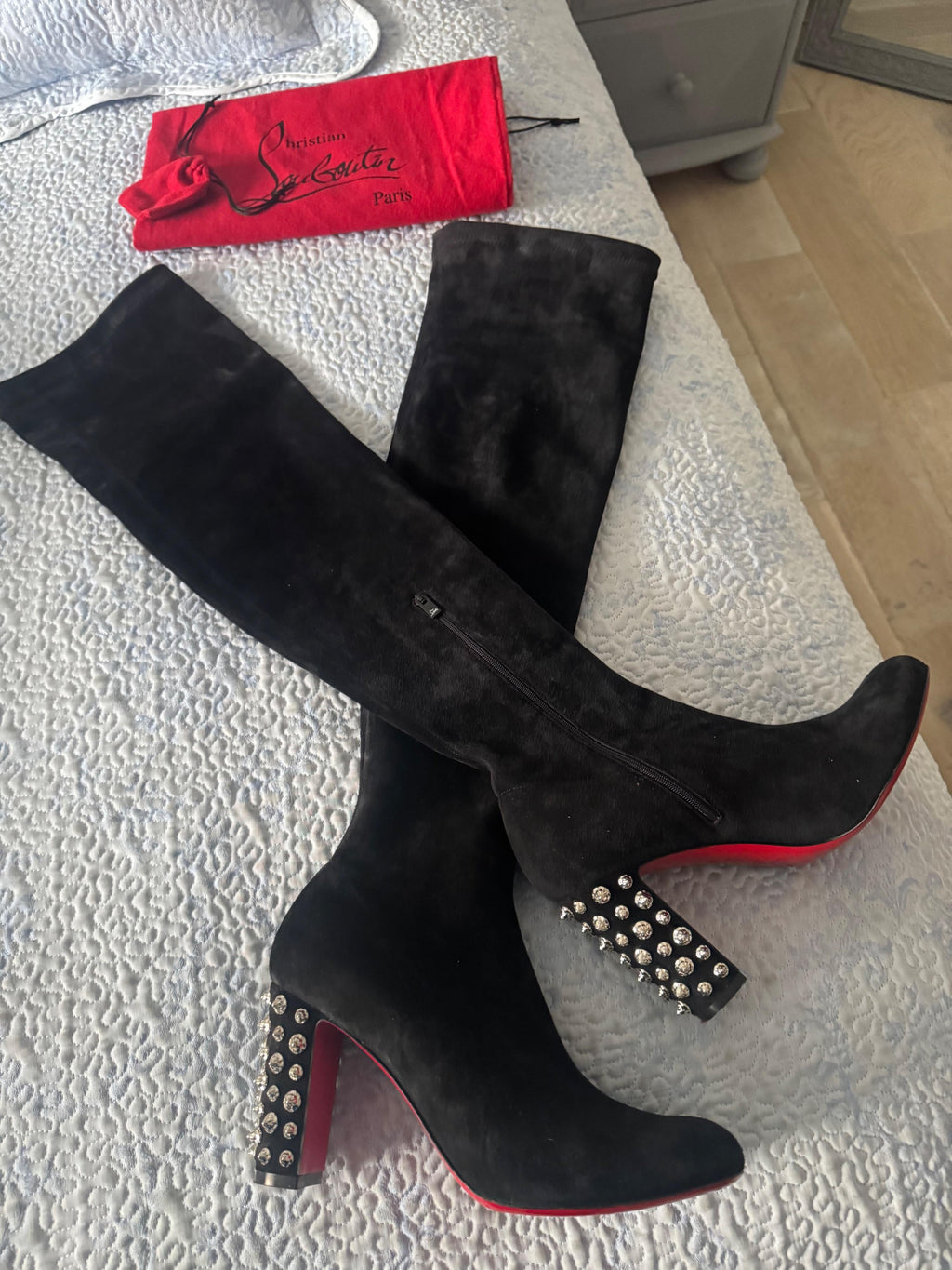 Louboutin Embellished Heel Long Stretch Suede Boots