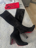 Louboutin Embellished Heel Long Stretch Suede Boots