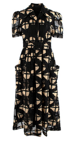 Black & Beige Mesh Macrame Belted Midi Dress