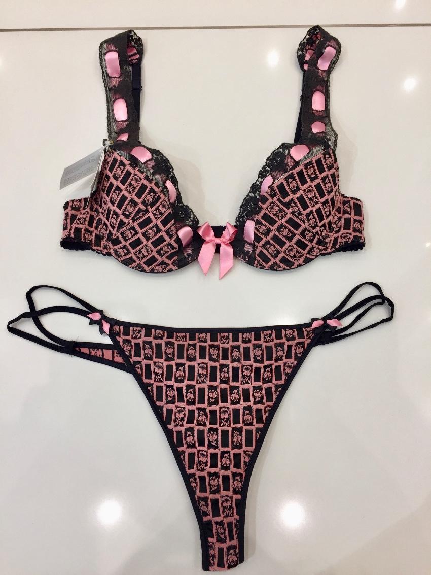 Vannina Vesperini Paris Rose & Black Plunge Bra & Thong Set