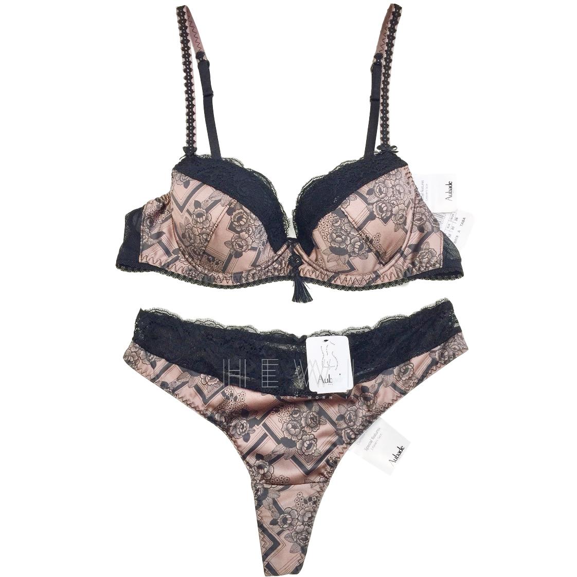 Aubade Art Deco Gatsby Print Satin Padded Plunge Bra & Tanga Set