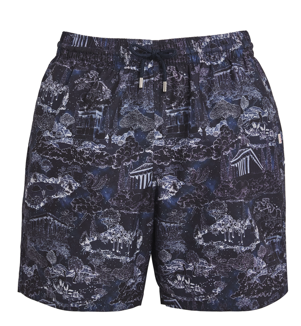 Derek Rose Maui Navy Blue & White Print Swim Trunks