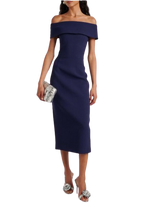 Rebecca Valance Navy Amore Bardot Midi Dress