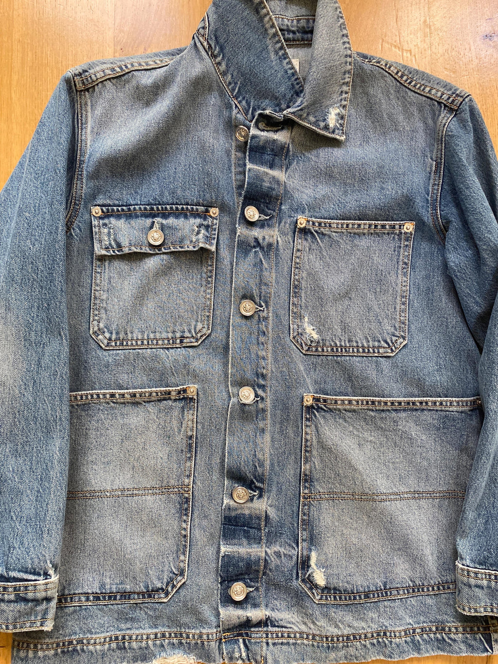 Distressed Denim Worker Utility Jacket