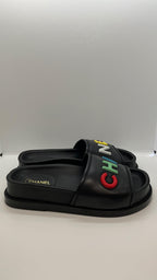 Multicoloured Logo Black Leather Slide Sandals