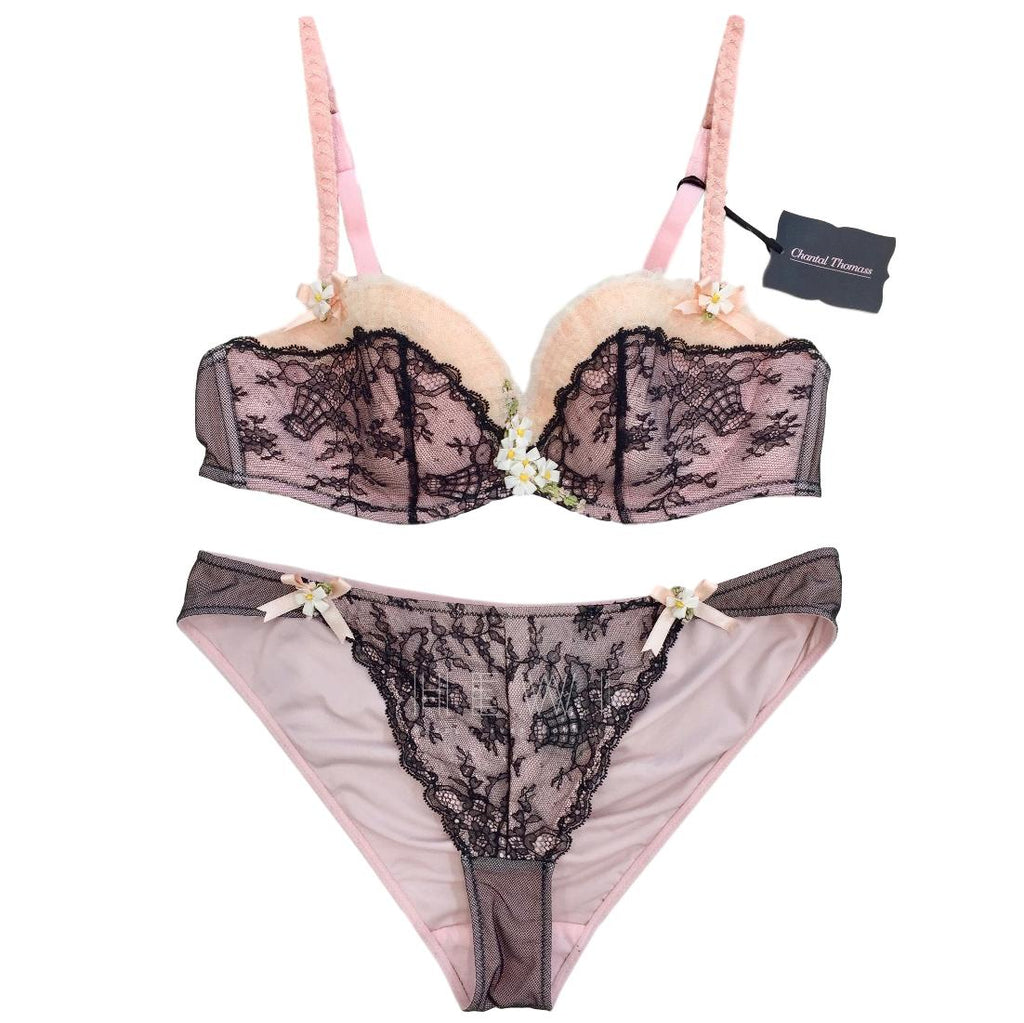 Chantal Thomass Pink Tulle & Black Leavers Lace Hand Embroidered Daisy Set