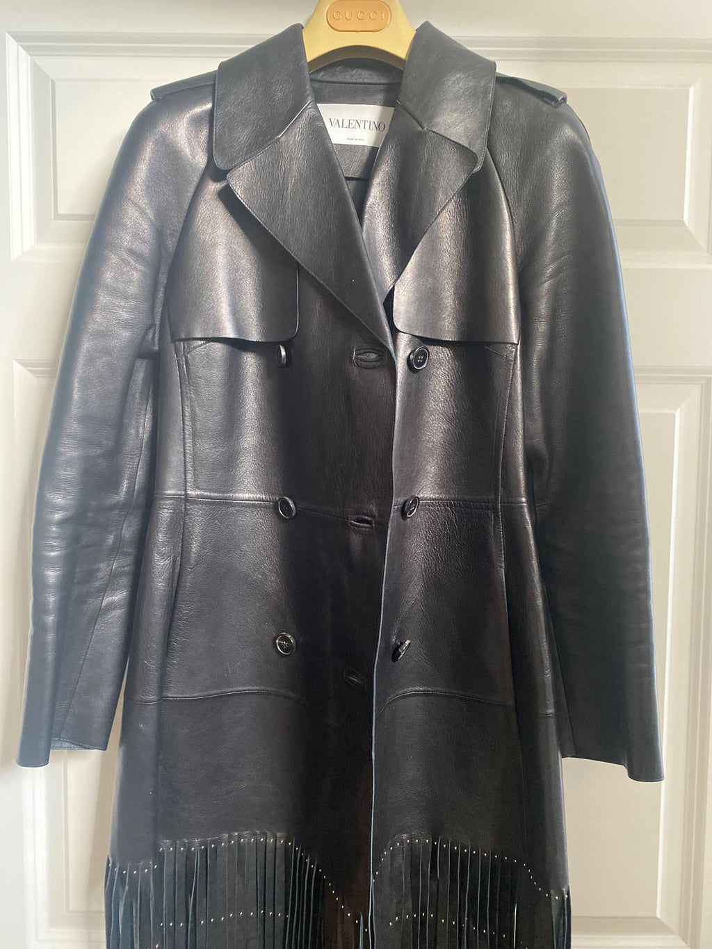 Valentino Black Leather Trench Coat with Fringe Detail