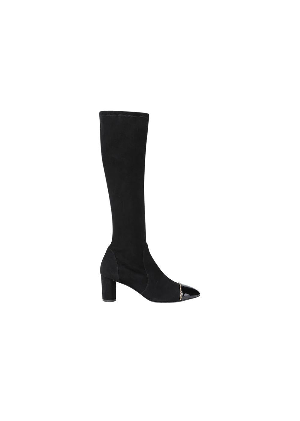 Valerie 60 chain-trimmed patent-leather and stretch-suede knee boots