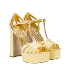 Miu Miu Gold Leather & Yellow Satin Platform Sandals