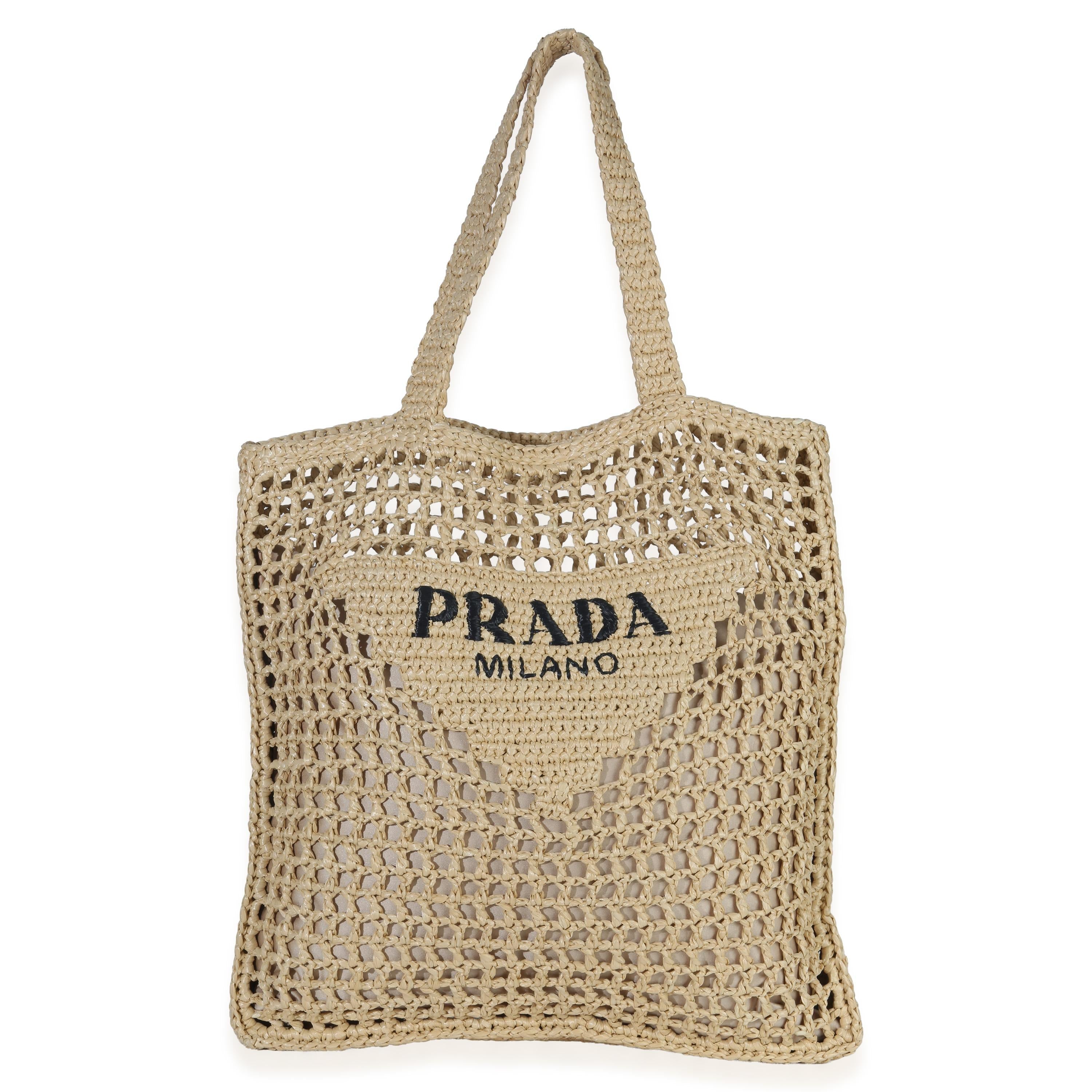 Prada  Raffia Effect Logo Crochet Tote