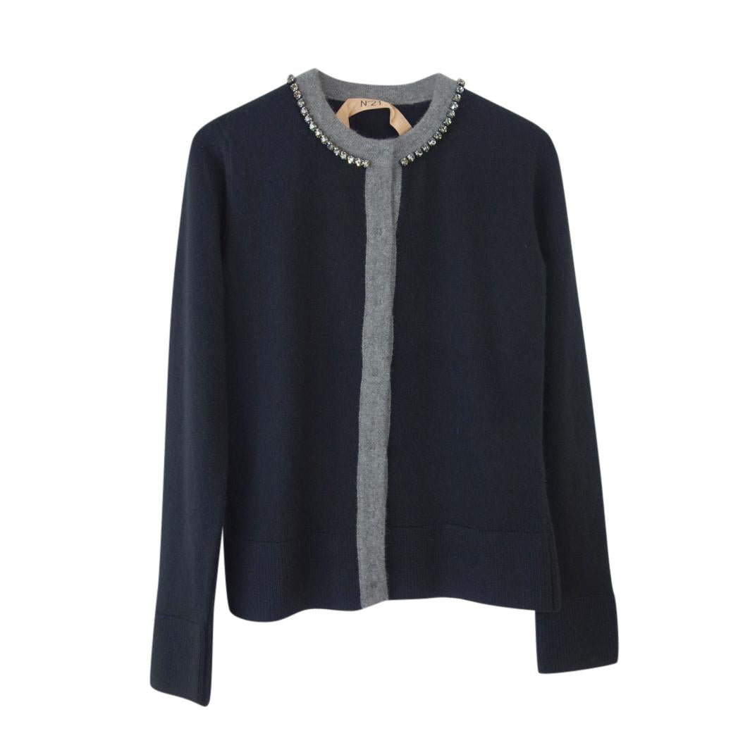 No.21 Crystal Trimmmed Black Wool Cardigan