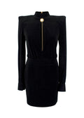 Balmain Black Velvet Cut-Out Structured Mini Dress with Pearl Embellishment