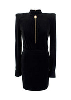 Balmain Black Velvet Cut-Out Structured Mini Dress with Pearl Embellishment