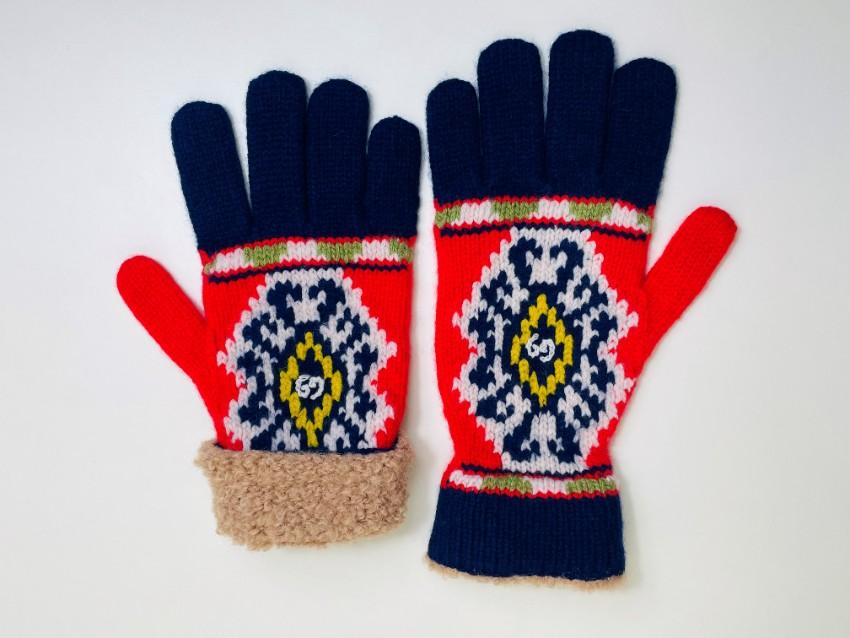 Gucci Fair Isle GG Knit Red & Blue Gloves - Size M