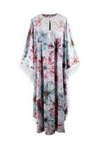 Elegant Embroidery Floral Crushed Velvet Kaftan with Feather Trim