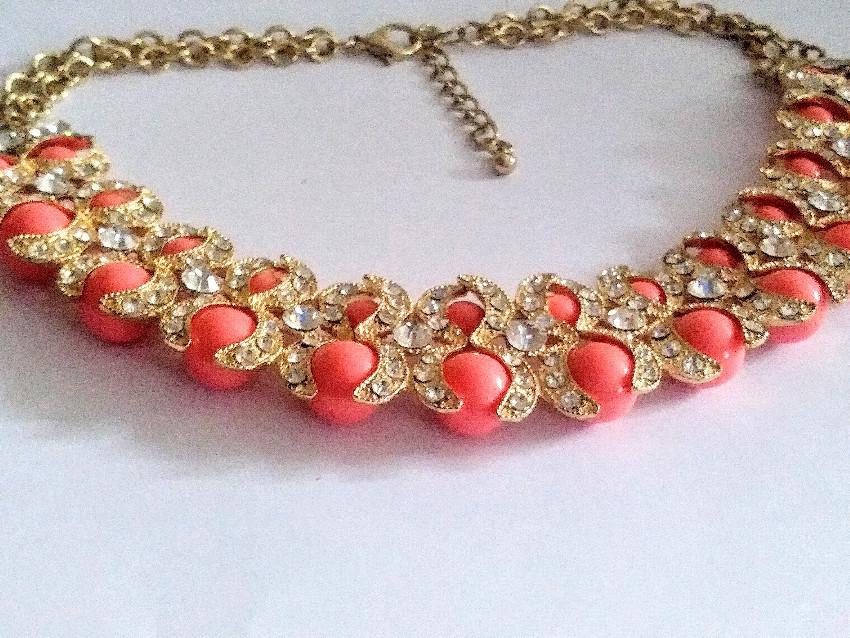 Bespoke coral colour and crystal statement choker/necklace