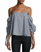 Caroline Constas Black Gingham Gabriella Bardot Top